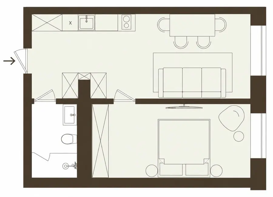 Планировка 1-комнатных апартаментов 43 м²